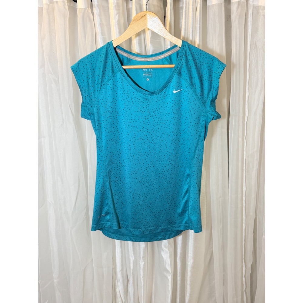 Nike Dri-FIT Shirt Womens Small Teal Geometric Print V-Neck Short Sleeve Top